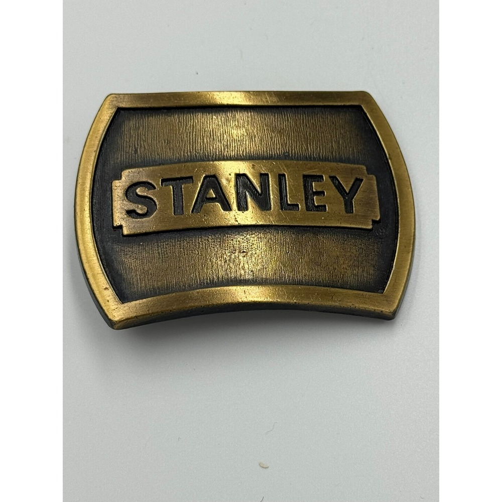 Vintage 1978 Stanley Works Brass Belt Buckle Logo Tool Collectible USA Made